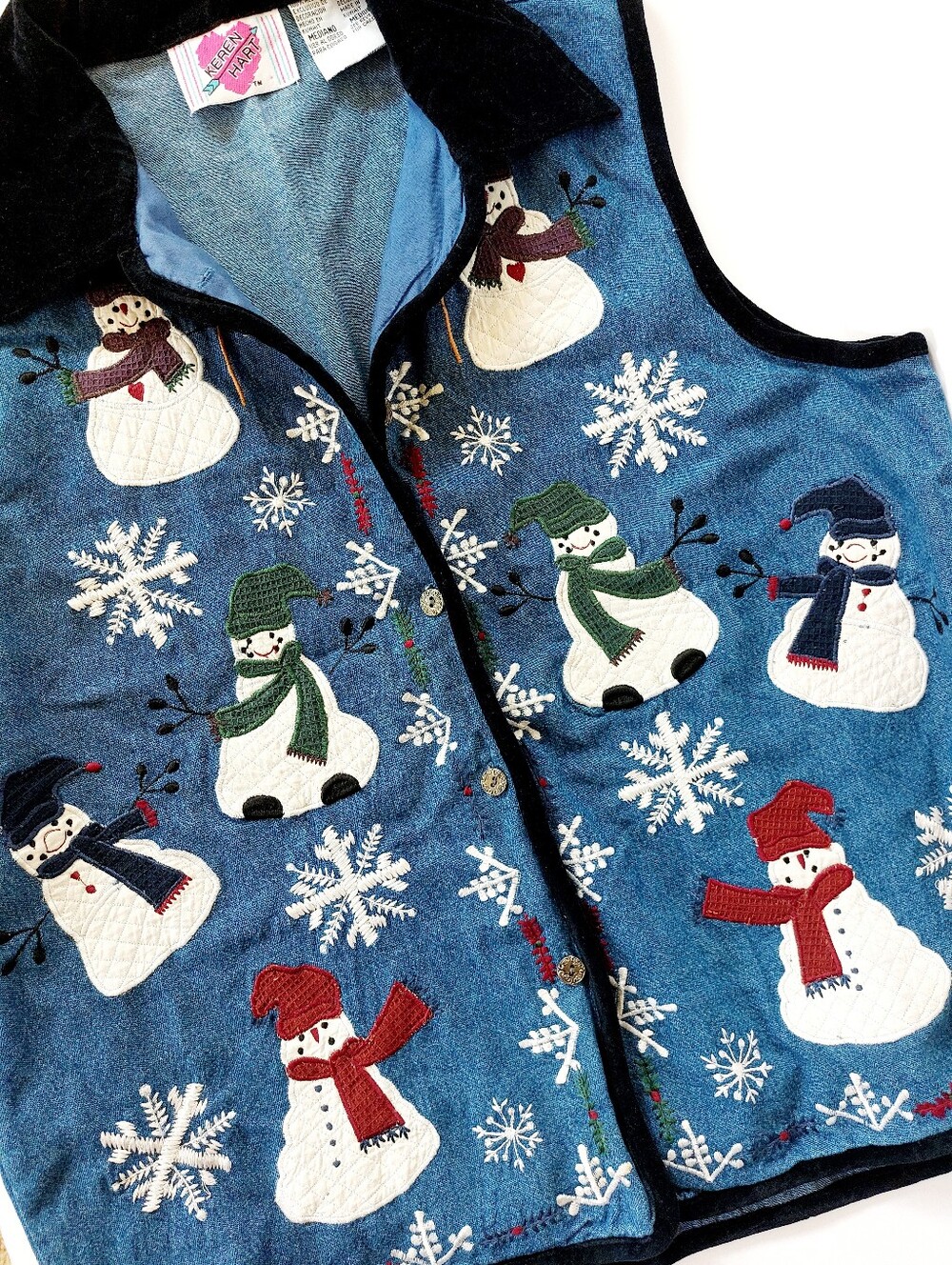 Quilted Snowman Denim Vest 90s Cottagecore Christmas Medium Keren Hart Granny Te